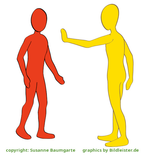 eine gelbe Ichfigur weist mit ausgestrecktem Arm und nach oben gezogener Hand einer roten Dufigur ihre Grenze auf