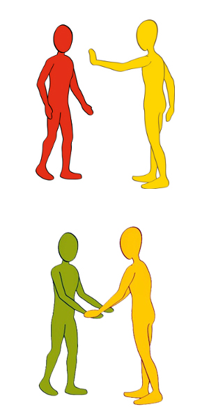 eine gelbe Ichfigur weist mit ausgestrecktem Arm und nach oben gezogener Hand einer roten Dufigur ihre Grenze auf; darunter stehen sich eine gelbe Ichfigur und eine grüne Dufigur gegenüber und halten sich an beiden Händen