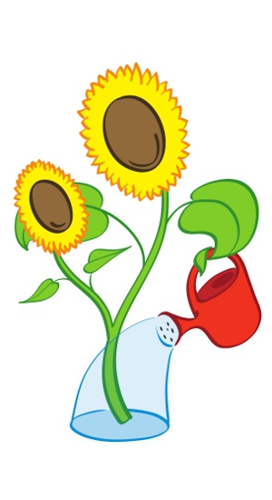 eine große Sonnenblume legt schützend ein Blatt um eine zweite, kleine Blühte; in einem anderen Blatt hält sie eine rote Gießkanne und gießt sich und die kleine Blühte selbst