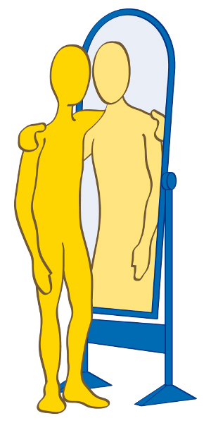 eine gelbe Ichfigur steht vor dem Spiegel; ihr Spiegelbild und sie haben sich gegenseitig den Arm um die Schulter gelegt; vielleicht tuscheln sie, vielleicht haben sie etwas zu besprechen